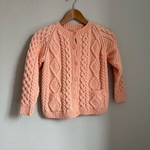 Kids Cable Knit Wool Blend Cardigan Cozy Chunky Sweater Warm Size 5-6 Peach